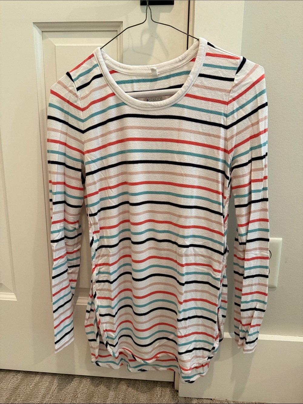Striped Long-Sleeve Scoop Neck Top - White with Coral & Teal Stripes
